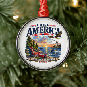 Lake America Sunset Patriotic Eagle Metal Tree Decoration