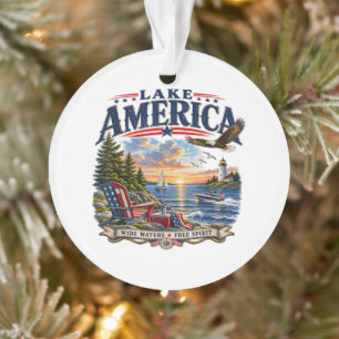 Lake America Sunset Patriotic Eagle Ornament