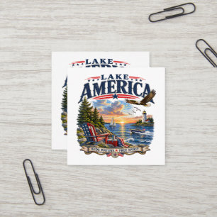 Lake America Sunset Patriotic Eagle Square Business Card