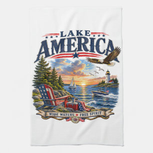 Lake America Sunset Patriotic Eagle Tea Towel