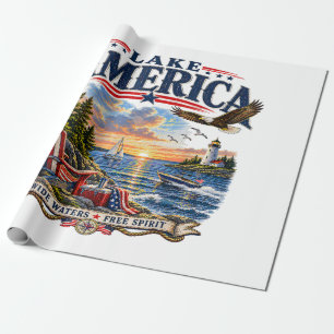 Lake America Sunset Patriotic Eagle Wrapping Paper
