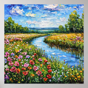 Lake and flowers field oil painting poster
