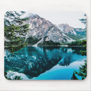 Lake and Mountain Under White Sky Mouse Mat