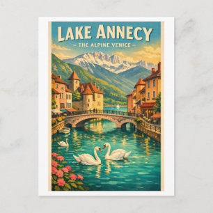 Lake Annecy, France, in a classic retro travel Postcard