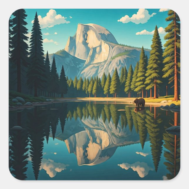 Lake at Yosemite National Park Half Dome Square Sticker (Front)