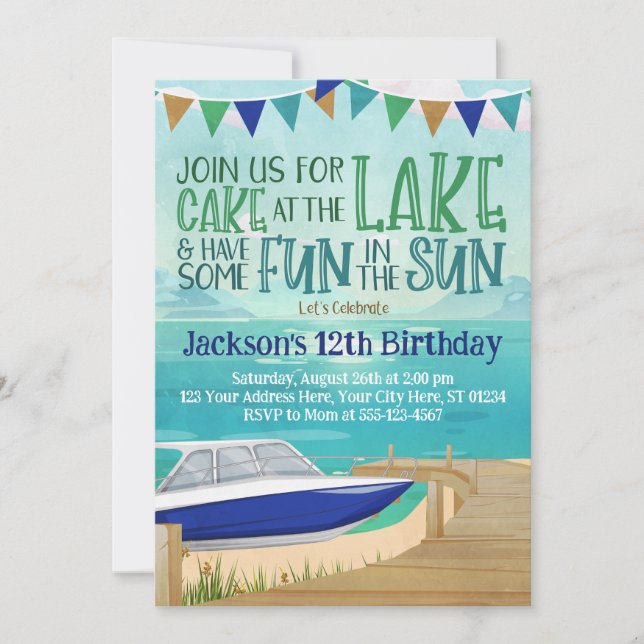 Lake Birthday Invitation Speed Boat Lake Fishing (Front)