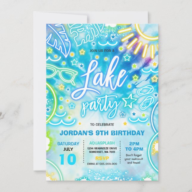 Lake Birthday Party Slide Splash Pad Tie Dye Glow Invitation (Front)