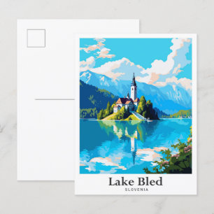 Lake Bled Slovenia Art Vintage Travel Illustration Postcard