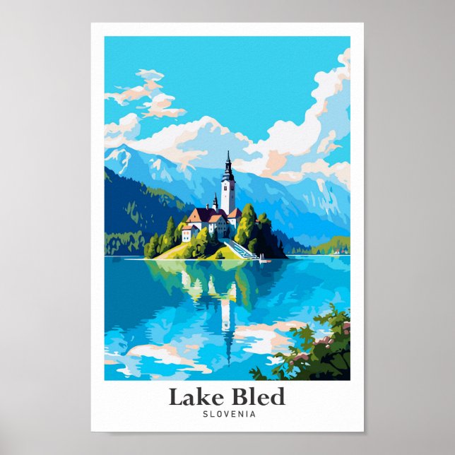 Lake Bled Slovenia Art Vintage Travel Illustration Poster (Front)