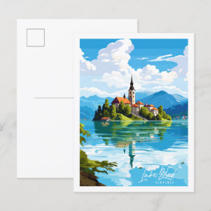 Lake Bled Slovenia vintage travel illustration Postcard