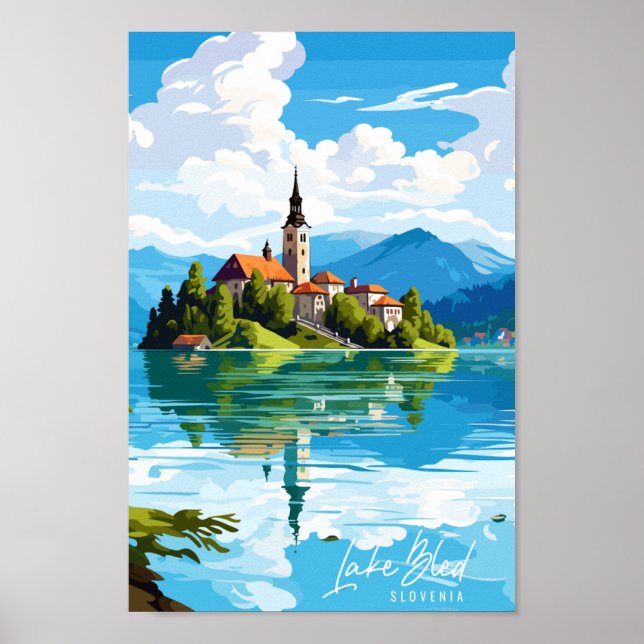 Lake Bled Slovenia vintage travel illustration Poster (Front)