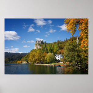 Lake Bled with trees in autumn colors in Slovenia Poster
