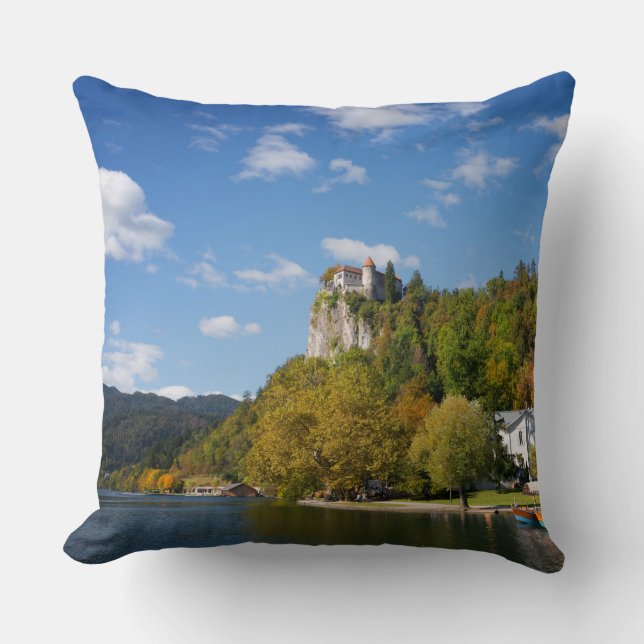 Lake Bled with trees in autumn colours in Slovenia Cushion (Front)