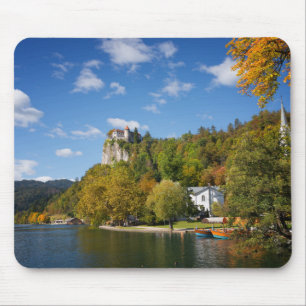 Lake Bled with trees in autumn colours in Slovenia Mouse Mat