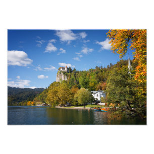 Lake Bled with trees in autumn colours in Slovenia Photo Print
