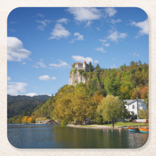 Lake Bled with trees in autumn colours in Slovenia Square Paper Coaster