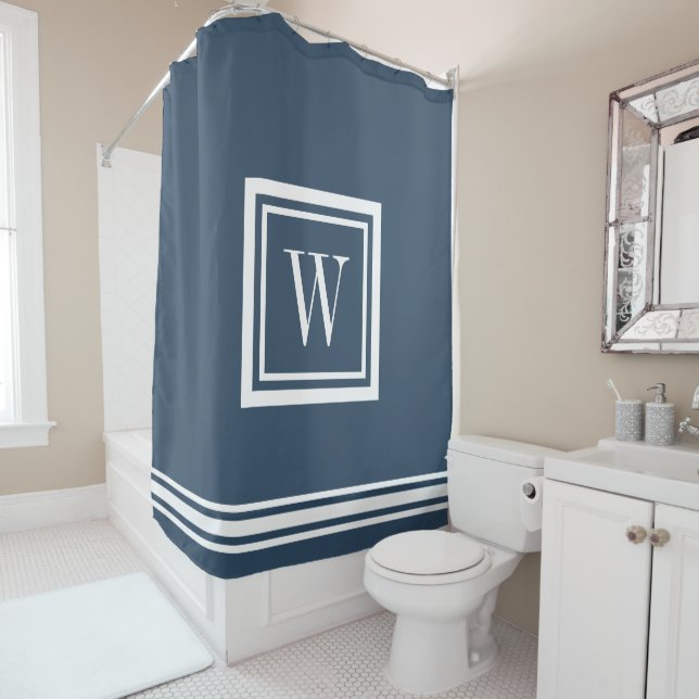 Lake Blue and White Classic Square Monogram Shower Curtain (In Situ)