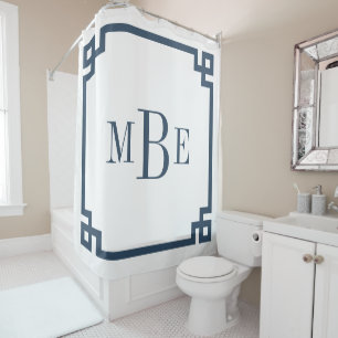 Lake Blue and White Greek Key   Monogrammed Shower Curtain