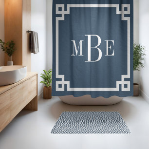 Lake Blue and White Greek Key   Monogrammed Shower Curtain
