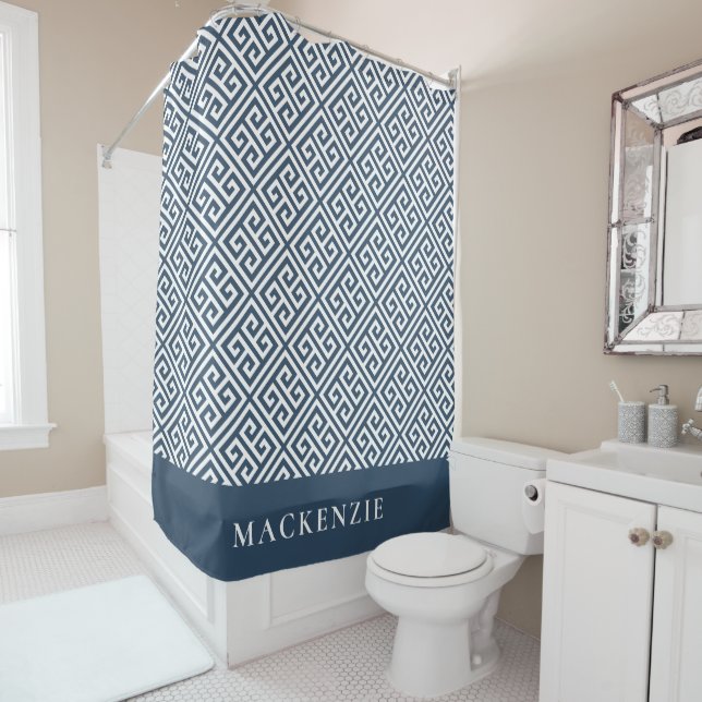Lake Blue and White Greek Key Name Monogram Shower Curtain (In Situ)