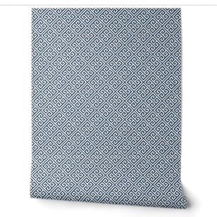 Lake Blue and White Greek Key Pattern Wallpaper