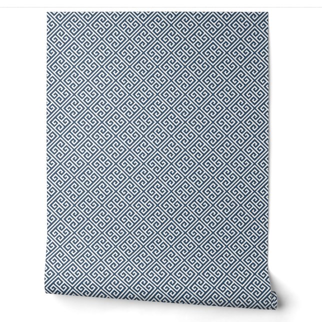 Lake Blue and White Greek Key Pattern Wallpaper (Unrolling)