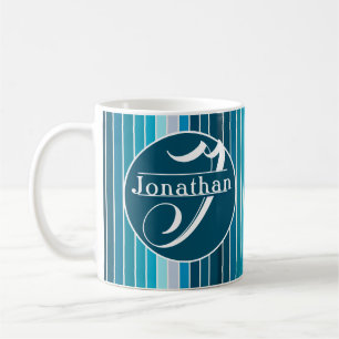 Lake Blue Stripes Navy, Sky Blue, Aqua Monogrammed Coffee Mug