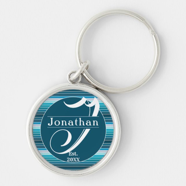 Lake Blue Stripes Navy, Sky Blue, Aqua Monogrammed Key Ring (Front)