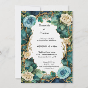 Lake Blue Watercolor Floral Rose Elegant Wedding Invitation
