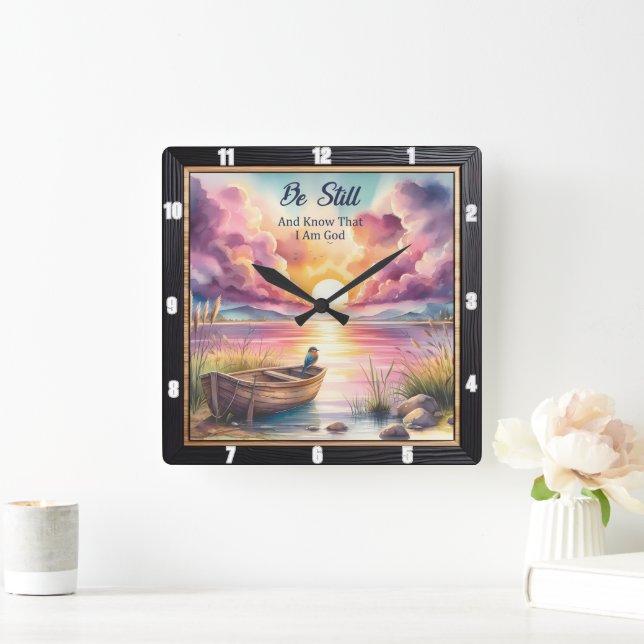 Lake Boat Be Still Sunset  Square Wall Clock (Home)