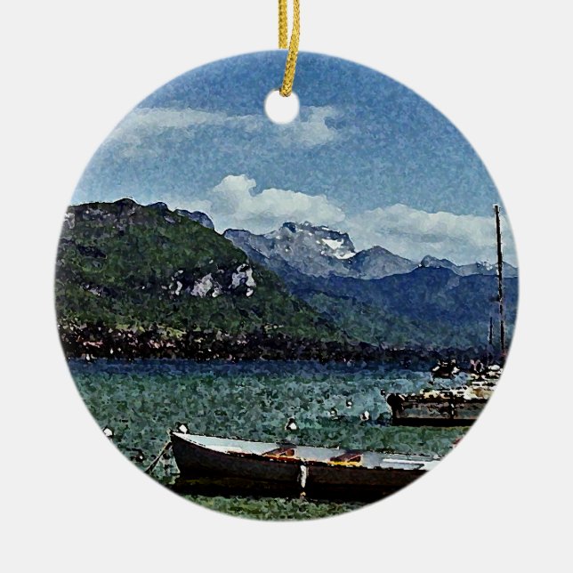 Lake Boats and Mountains in Annecy France Ceramic Tree Decoration (Front)