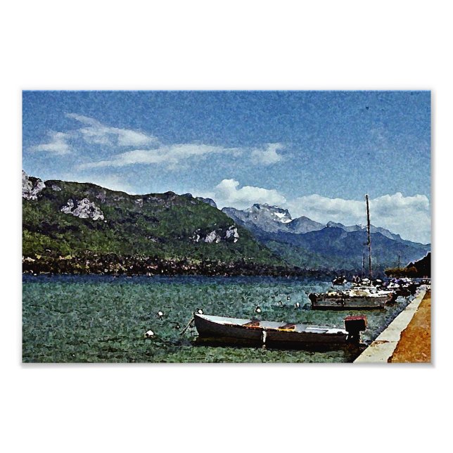 Lake Boats and Mountains in Annecy France Photo Print (Front)