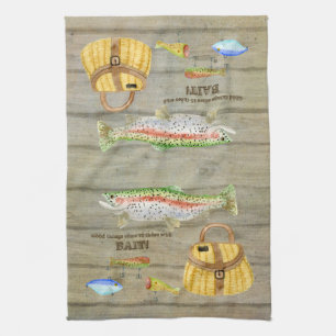 Lake Cabin Trout Fishing Creel Lures Vintage Tea Towel