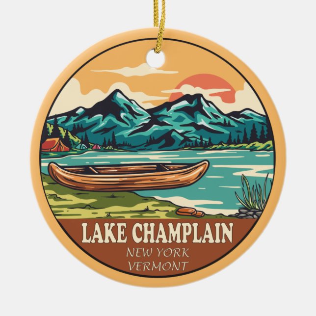 Lake Champlain Boating Fishing Emblem Ceramic Tree Decoration (Front)