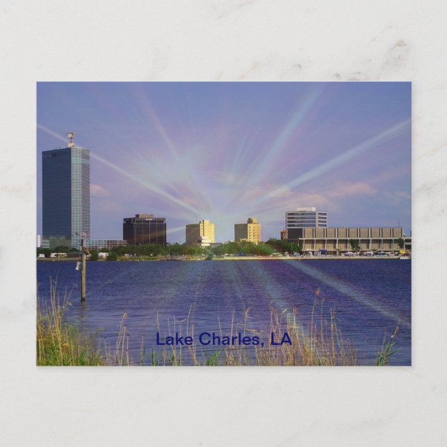 Lake Charles, LA Skyline with Sunburst Postcard (Front)