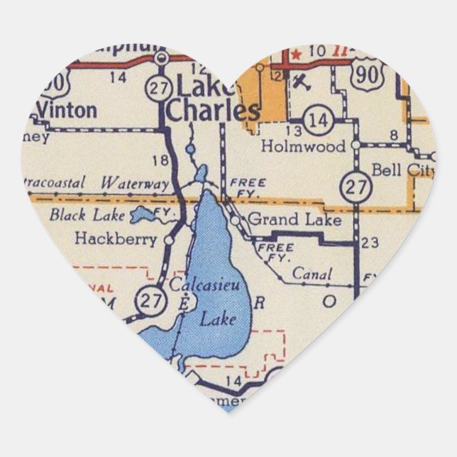 Lake Charles LA Vintage Map Heart Sticker (Front)