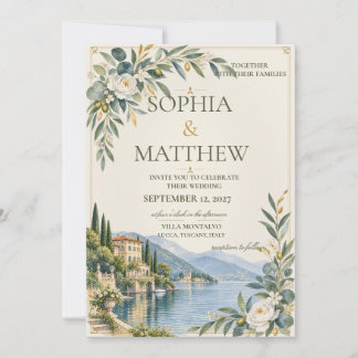 Lake Como | Elegant Blue & Antique Gold Wedding Invitation