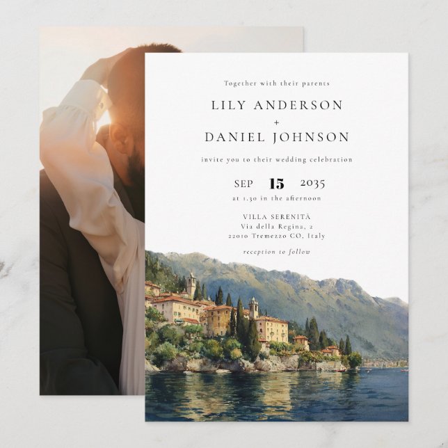 Lake Como Italian Destination Photo Wedding Invitation (Front/Back)