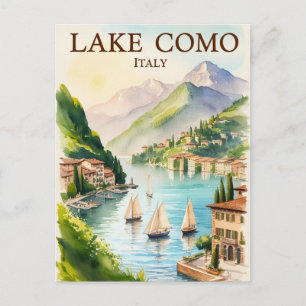 Lake como italy Art Vintage Travel watercolor  Postcard