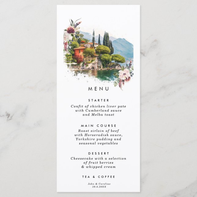 Lake Como Italy floral wedding menu cards (Front)
