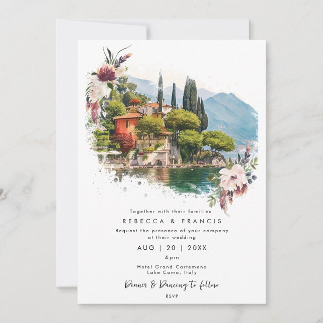 Lake Como, Italy florals wedding invitation (Front)