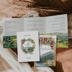 Lake Como Italy   Illustrated Wedding  Tri-Fold Invitation