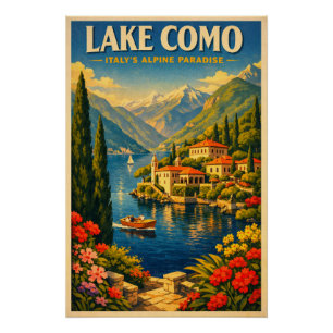 Lake Como, Italy, in a classic retro travel Poster