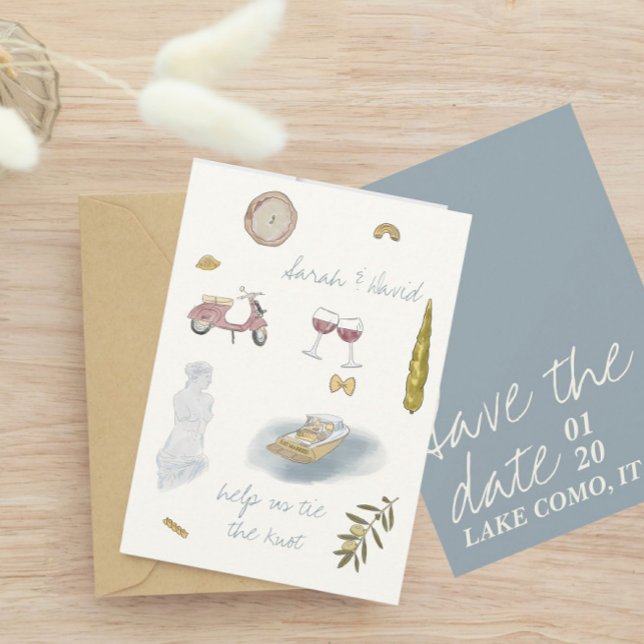 lake Como Italy save the date with drawings Invitation (Creator Uploaded)
