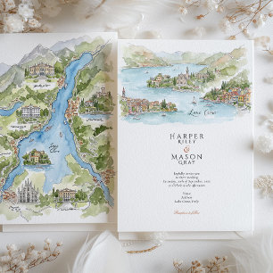 Lake Como Watercolor Panorama Map Wedding Invitation