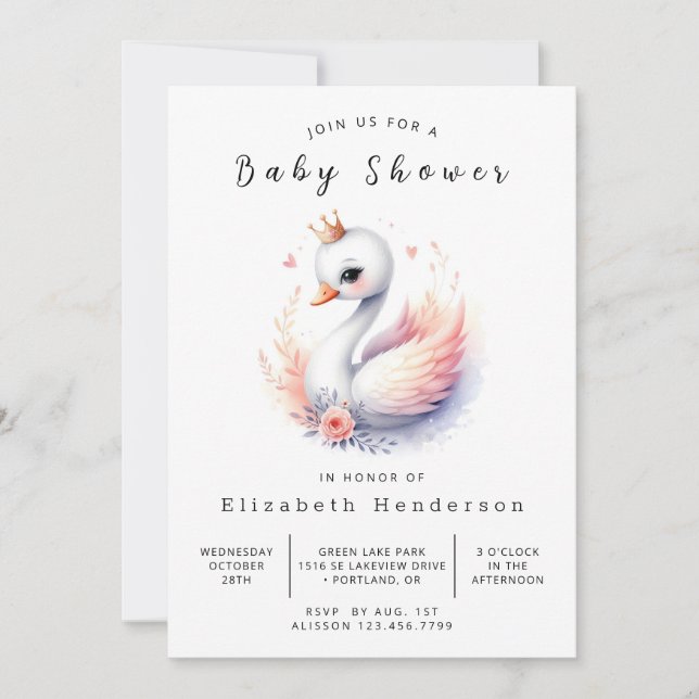 Lake Editable Swan Baby Shower Invitation (Front)