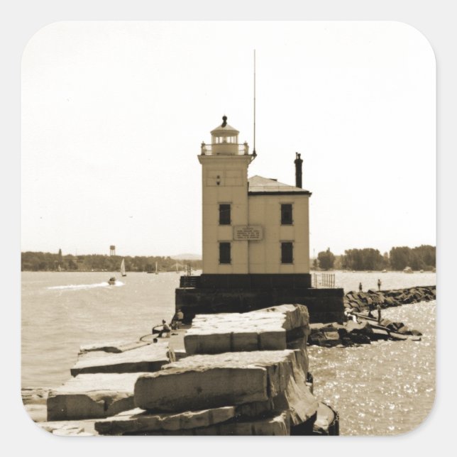Lake Erie Lighthouse Square Sticker (Front)