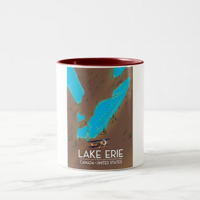 Lake Erie, USA lake Map travel poster Two-Tone Coffee Mug (Center)