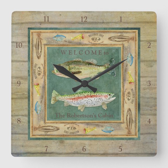 Lake Fishing, Large Mouth Bass, Rainbow Trout Mens Square Wall Clock (Front)