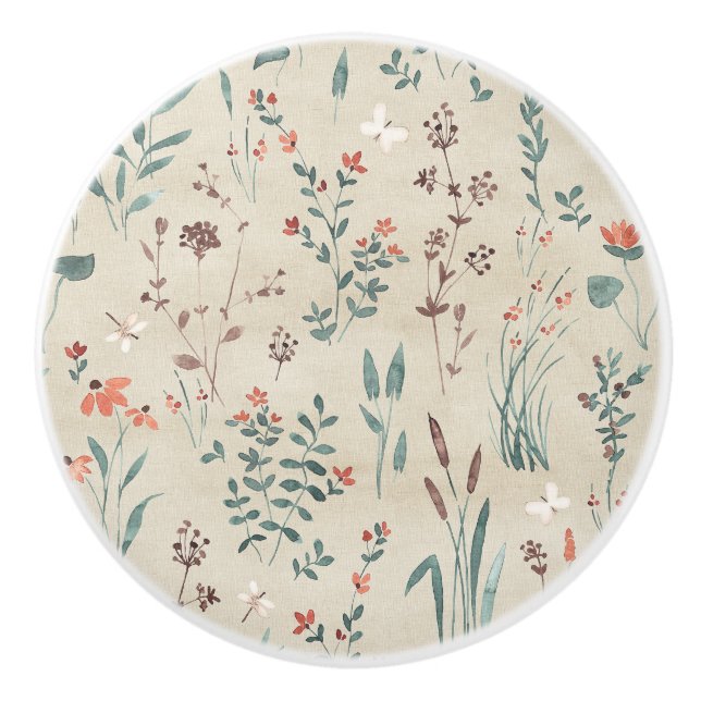 Lake flora watercolor wildflowers ceramic knob (Front)